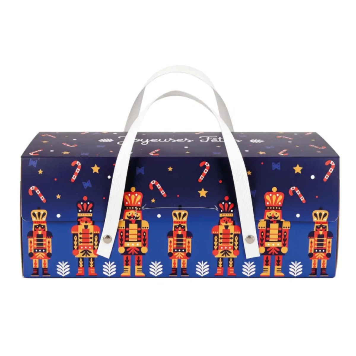 Boîte à bûche de Noël Casse-Noisette 35 × 11 × 11 cm, bleu marine avec motifs festifs rouges et dorés, équipée de deux poignées blanches.