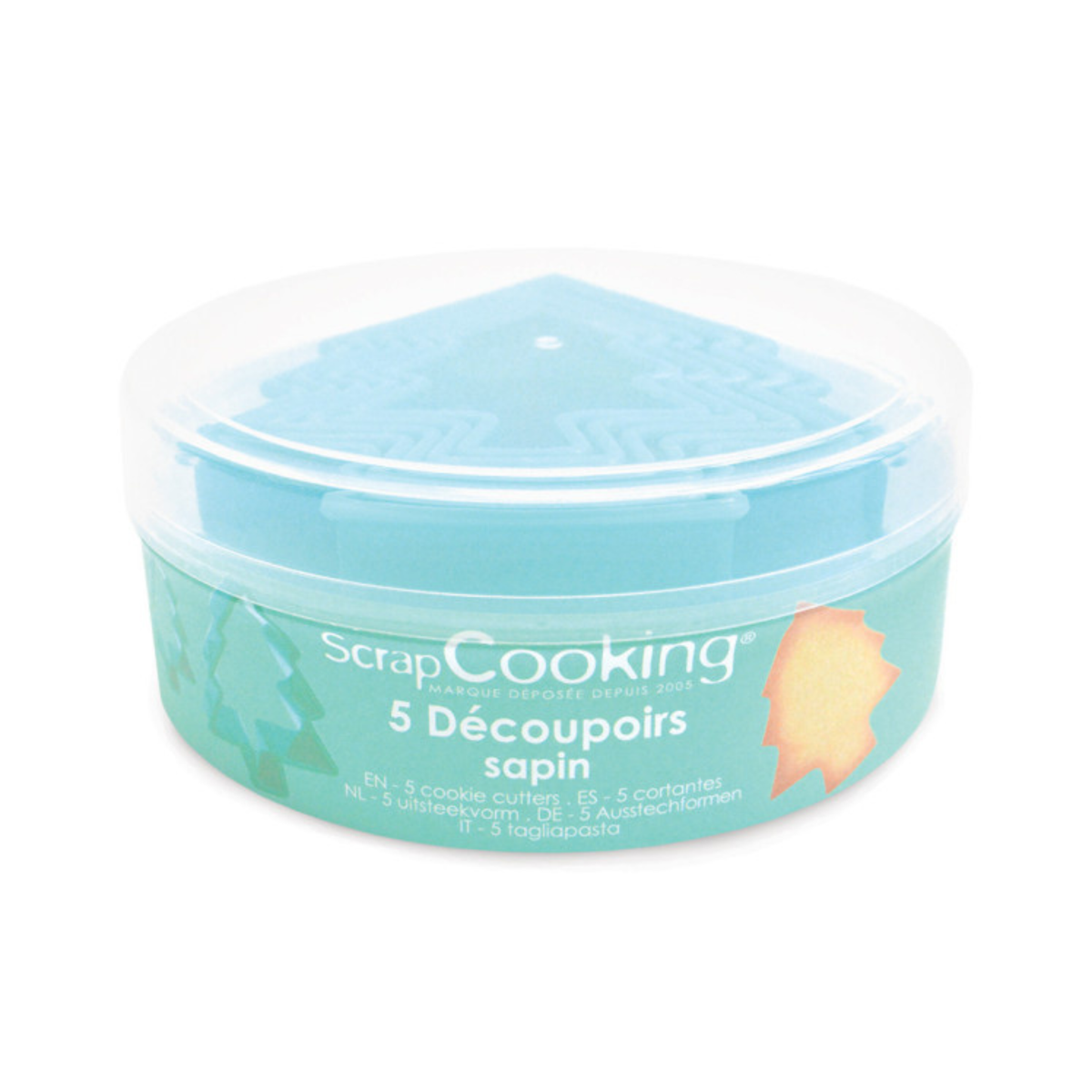 Boîte ScrapCooking contenant 5 découpoirs en forme de sapin de Noël, avec couvercle transparent et emballage vert.