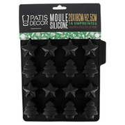 Moule en silicone noir PatisDécor avec 16 empreintes en forme d'étoiles et de sapins de Noël pour réaliser des sucettes en chocolat.
