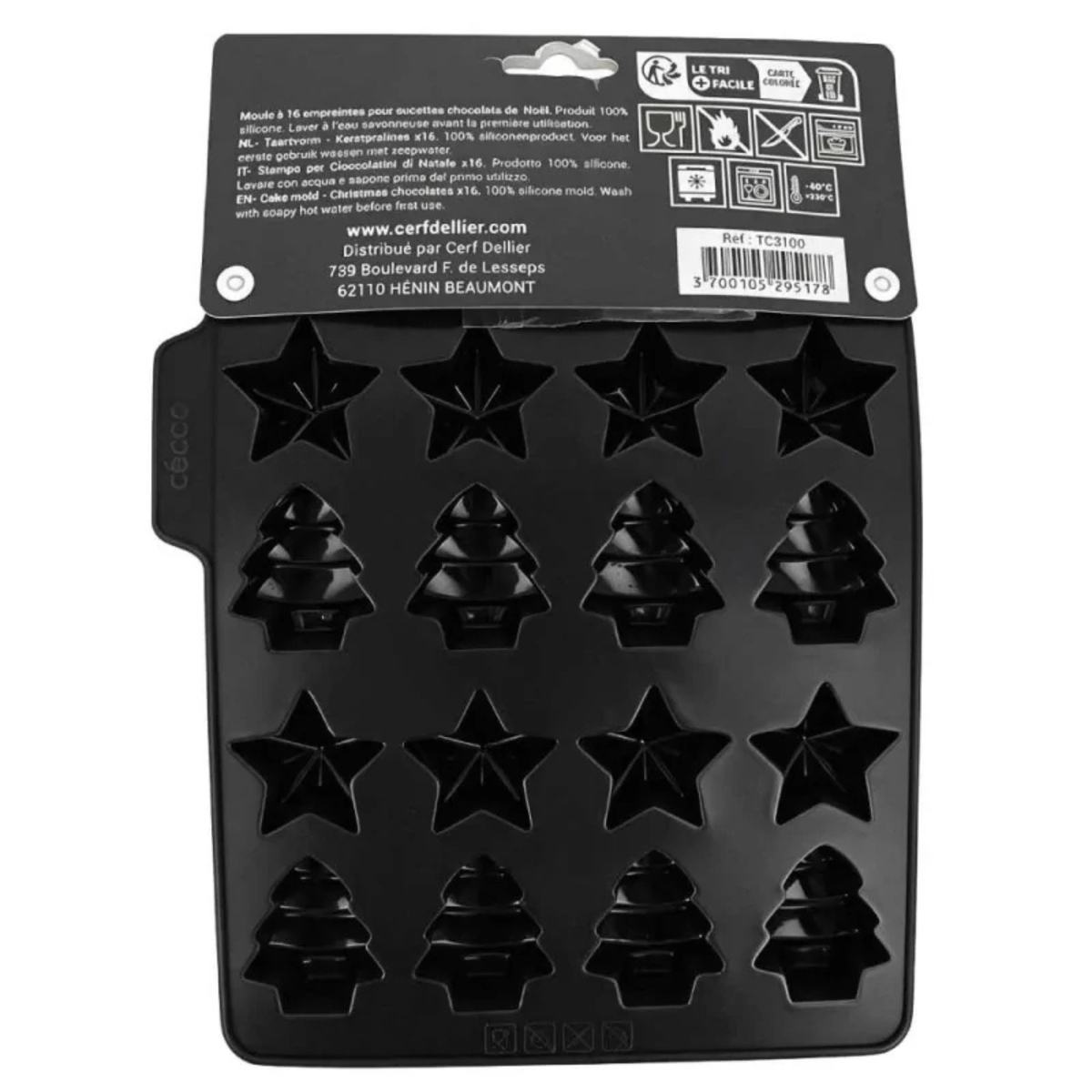 Moule à sucettes de Noël PatisDécor en silicone noir, dimensions 20 × 18 cm et hauteur des empreintes de 2.5 cm, accompagné de bâtonnets en bois.