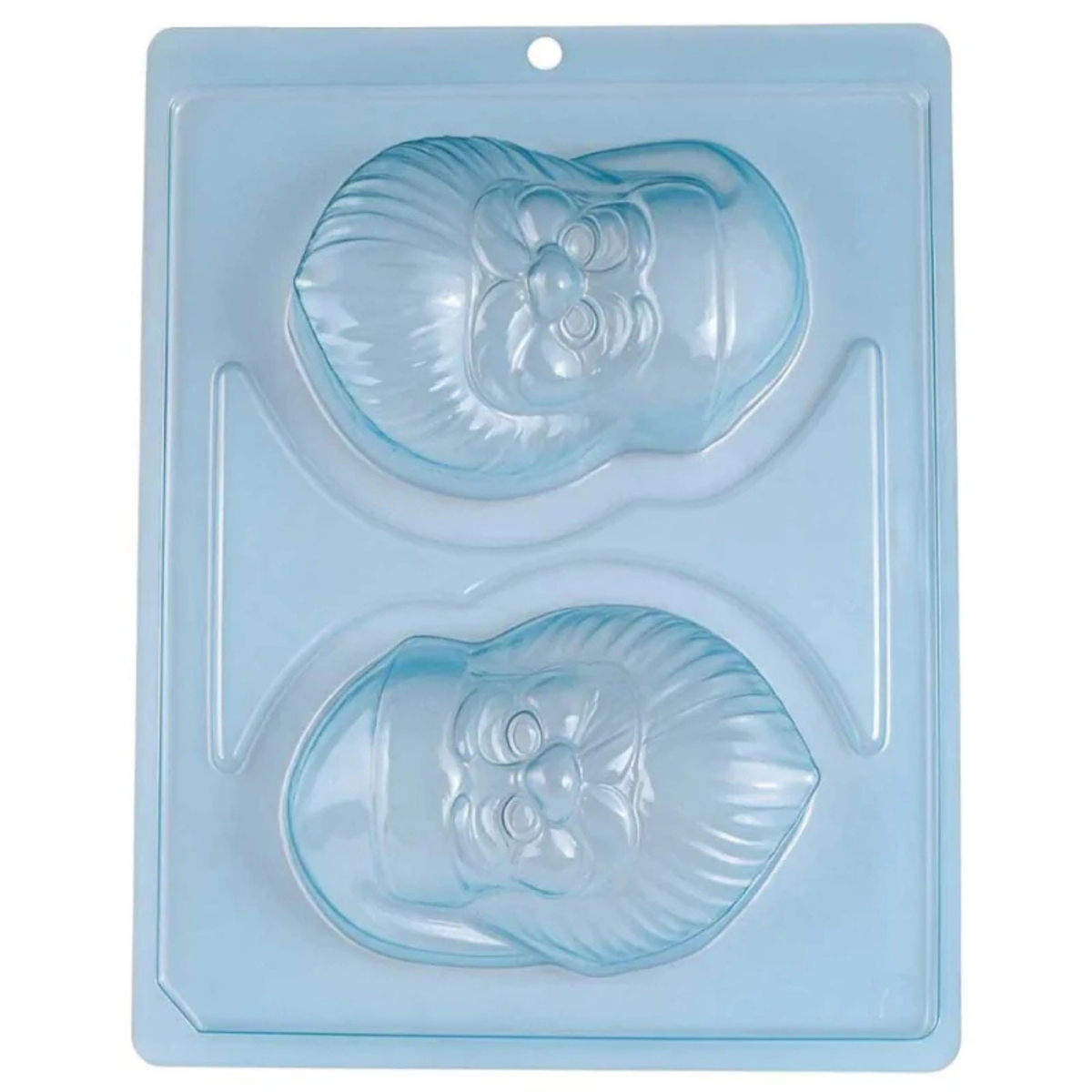 Moule à chocolat en 3 parties PatisDécor en plastique bleu transparent, avec deux empreintes représentant le visage du Père Noël, son bonnet et sa barbe en relief.