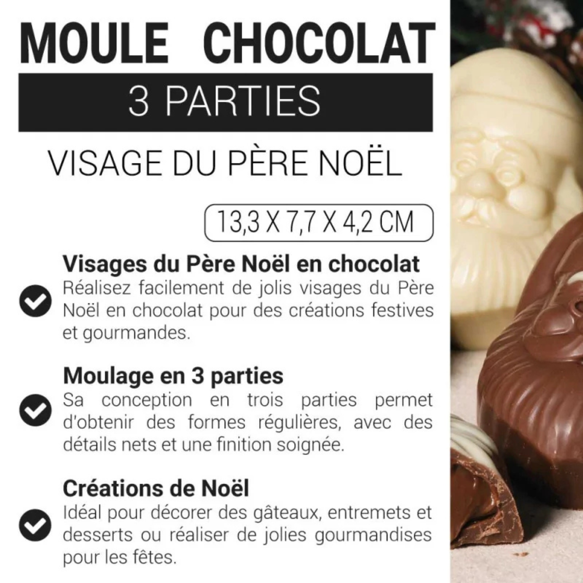Présentation du moule à chocolat en 3 parties PatisDécor pour réaliser des visages de Père Noël en chocolat, dimensions 13,3 × 7,7 × 4,2 cm.