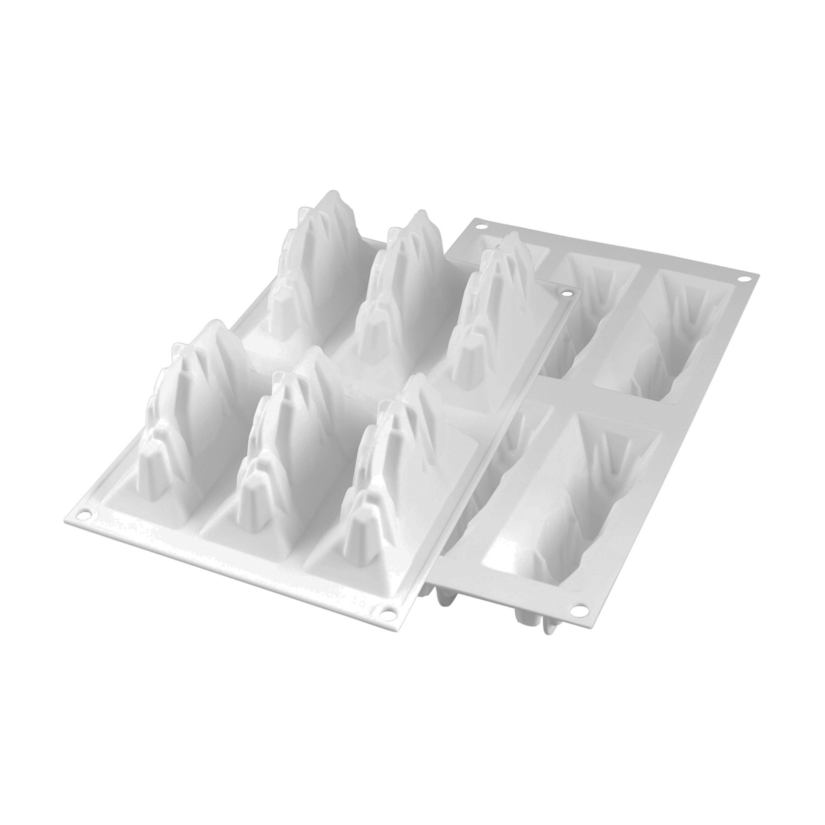 Deux moules en silicone blanc Silikomart avec 6 empreintes chacun, en forme de montagnes rocheuses aux sommets irréguliers, présentés de face et de dos sur fond blanc.