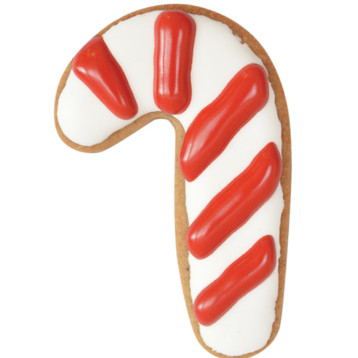 Biscuit de Noël en forme de sucre d’orge, décoré d’un glaçage blanc et de rayures rouges, sur fond blanc.