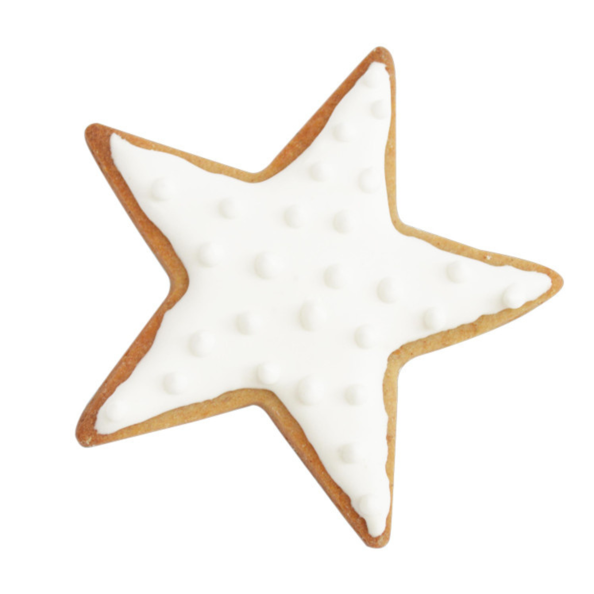 Biscuit de Noël en forme d’étoile à cinq branches, décoré d’un glaçage blanc avec petits points en relief.