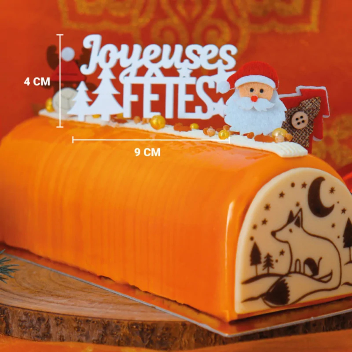 Présentation des décors sur pique blancs « Joyeuses Fêtes » Patis'Décor, destinés à la décoration des bûches, gâteaux et entremets de Noël.