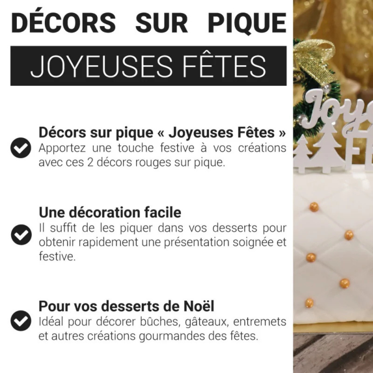 Décor sur pique blanc « Joyeuses Fêtes » de 9 cm, planté sur une bûche de Noël orange avec figurine de Père Noël et perles dorées.