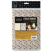 Lot de 4 feuilles de transfert alimentaire PatisDécor de 17.5 × 27.5 cm, motifs cabosses de cacao et géométriques dorés, dans leur emballage.