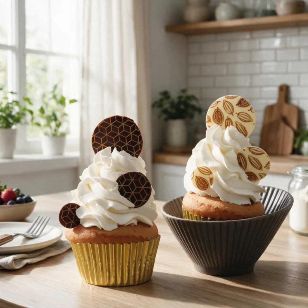Deux cupcakes décorés de crème chantilly et de disques en chocolat noir et blanc ornés de motifs géométriques dorés et de cabosses de cacao.