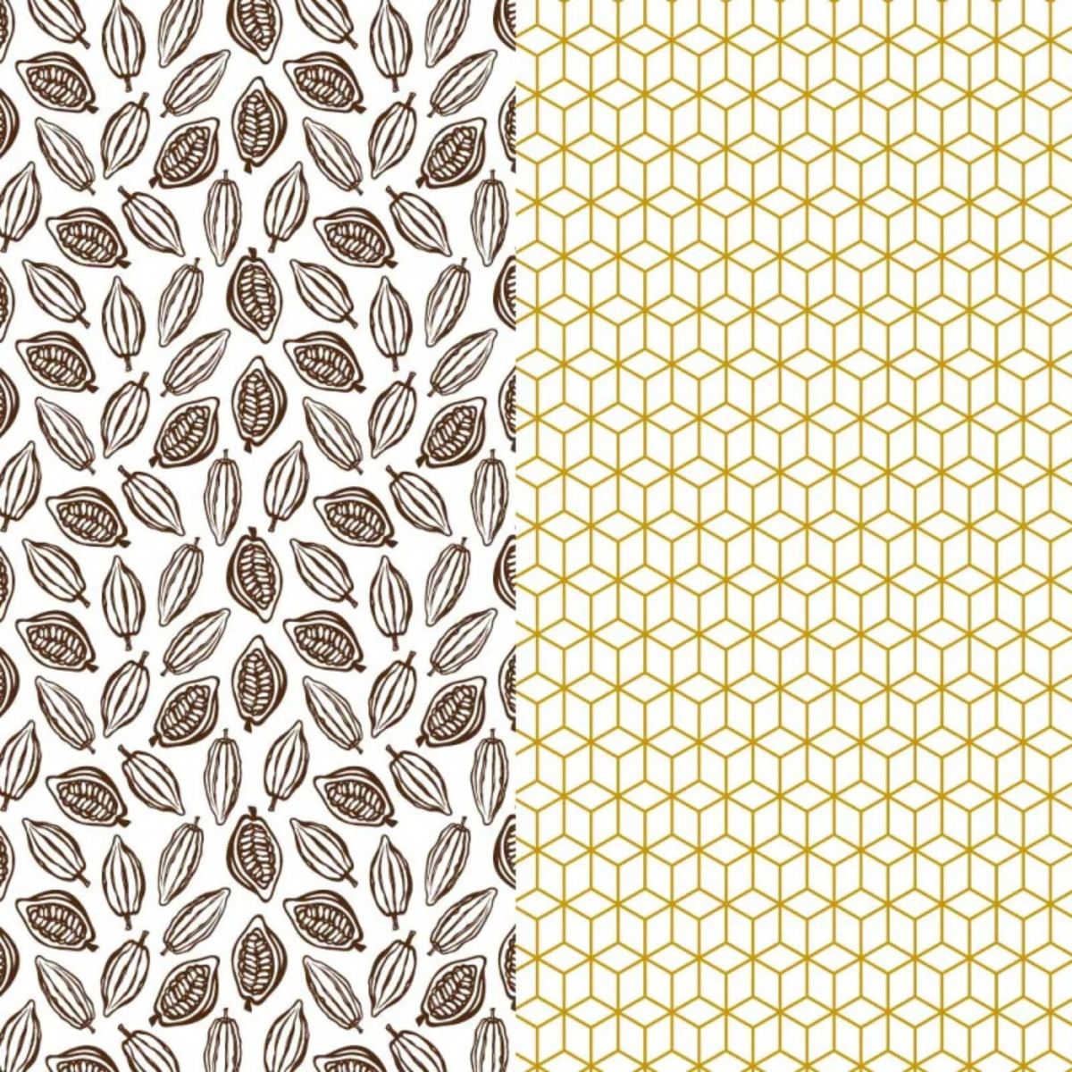 Détail des deux motifs des feuilles de transfert PatisDécor : cabosses de cacao marron sur fond blanc et quadrillage géométrique doré.