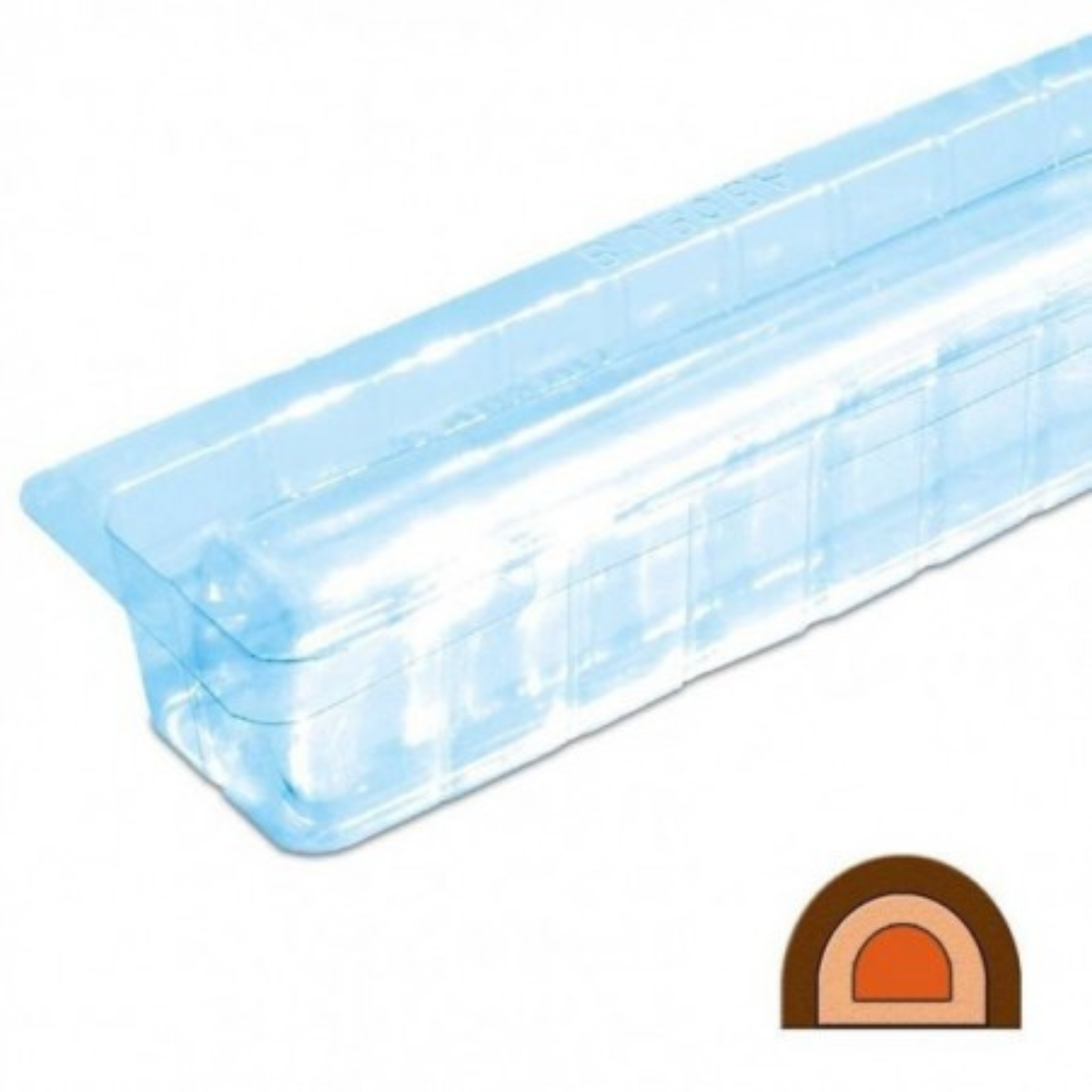 Moule thermoformé transparent bleu pour bûchette pâtissière demi-ronde de 25 × 4 × 4 cm, présenté en perspective.