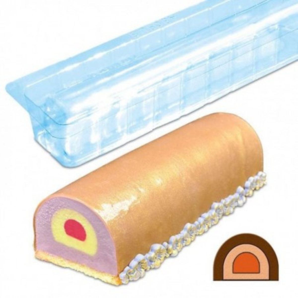 Moule thermoformé transparent pour bûchette demi-ronde accompagné d'un exemple de dessert avec glaçage doré, mousse violette et insert coloré.