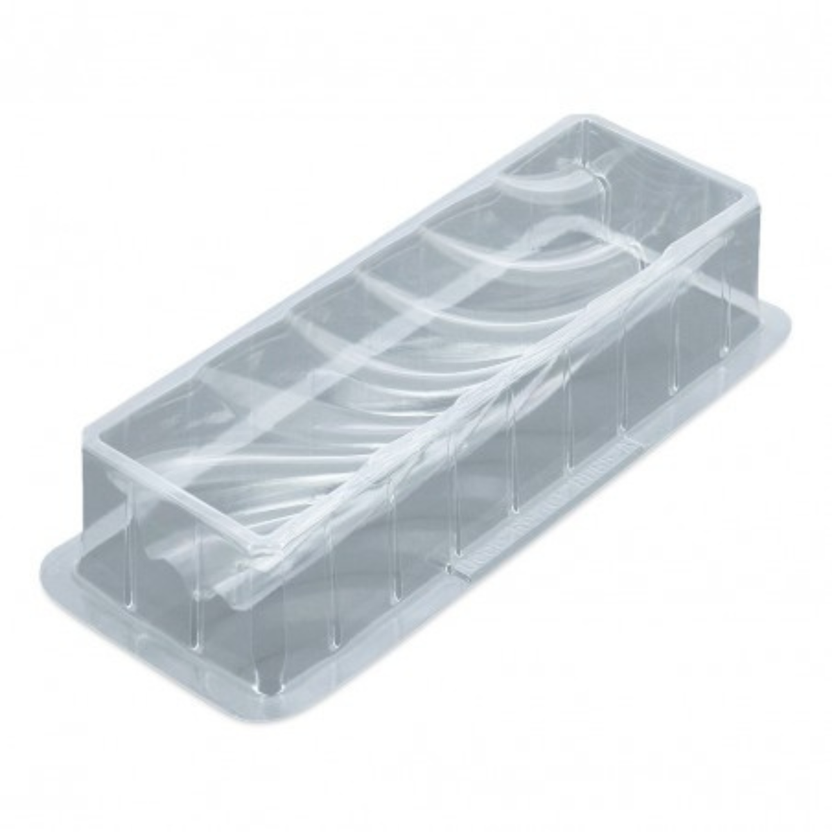 Moule à bûche de Noël court torsadé en plastique thermoformé transparent, avec empreinte à reliefs ondulés pour réaliser des entremets de fêtes.