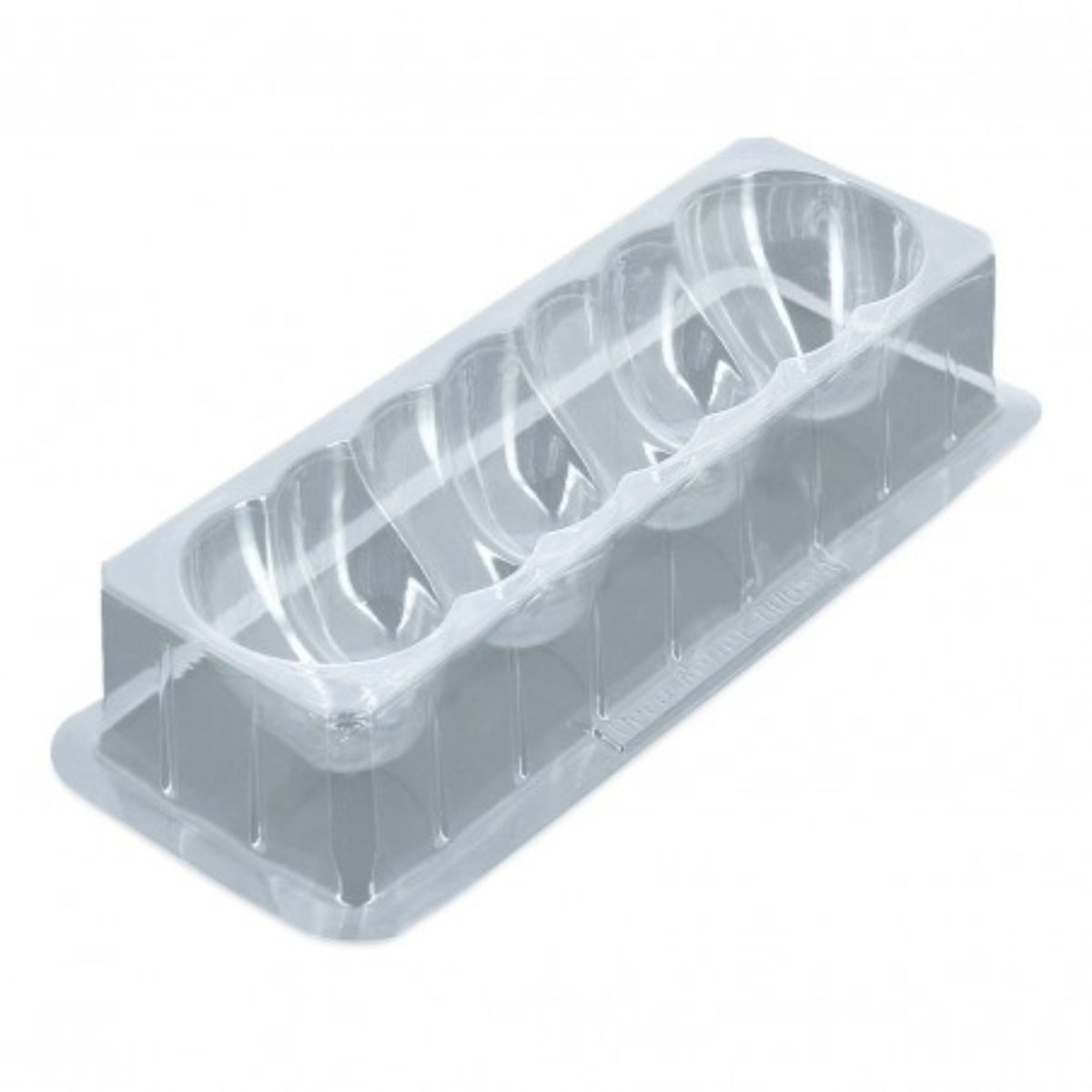 Moule à bûche de Noël court Mont Blanc en plastique thermoformé transparent, avec empreinte composée de plusieurs dômes arrondis alignés.