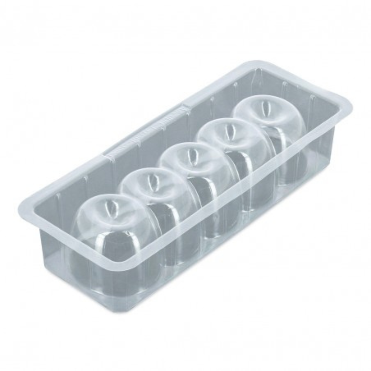 Moule à bûche de Noël court Pomme en plastique thermoformé transparent, avec 5 empreintes arrondies présentant un creux central, sur fond blanc.