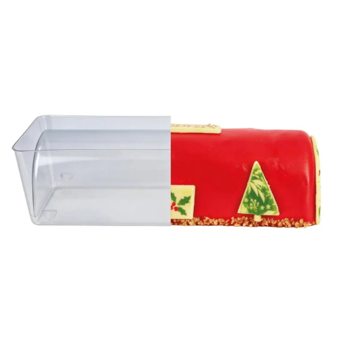Moule à bûche de Noël lisse PatisDécor en PVC transparent, présenté avec une bûche rouge décorée de sapins et de motifs de Noël.