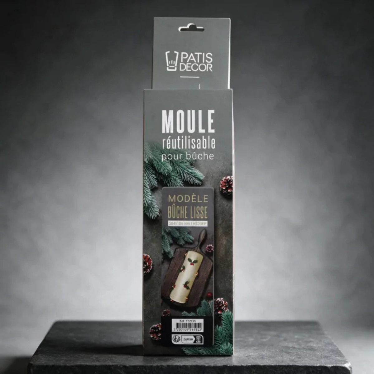 Emballage du moule à bûche lisse réutilisable PatisDécor, avec illustration d'une bûche de Noël décorée sur fond festif.