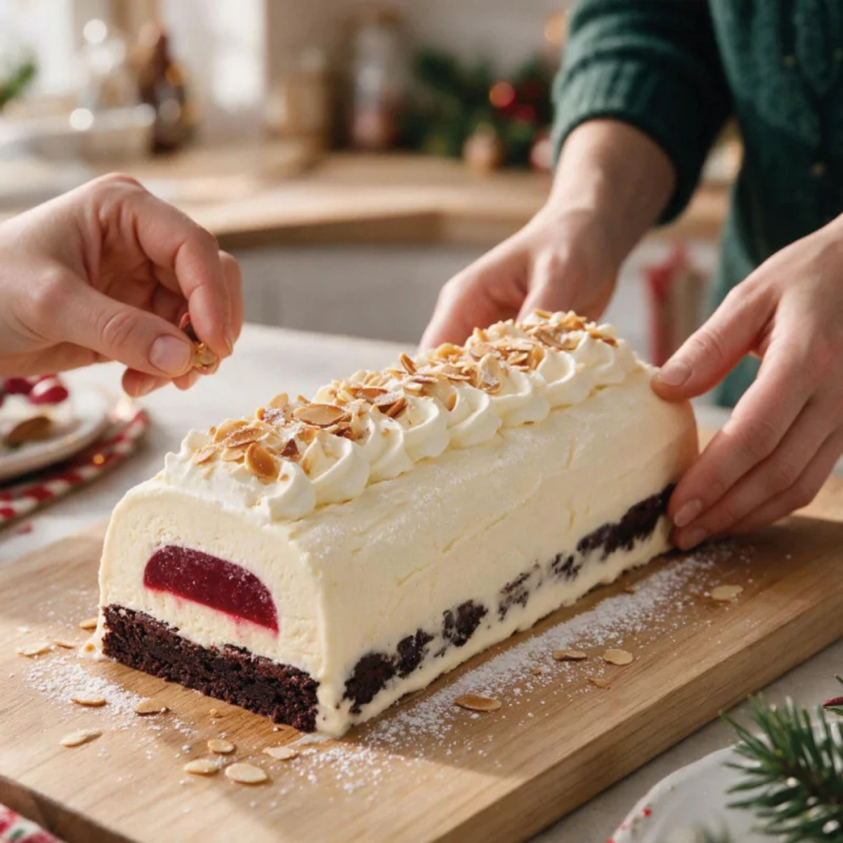 Bûche de Noël à la mousse blanche avec insert aux fruits rouges et biscuit chocolat, décorée de crème pochée et d’amandes effilées.