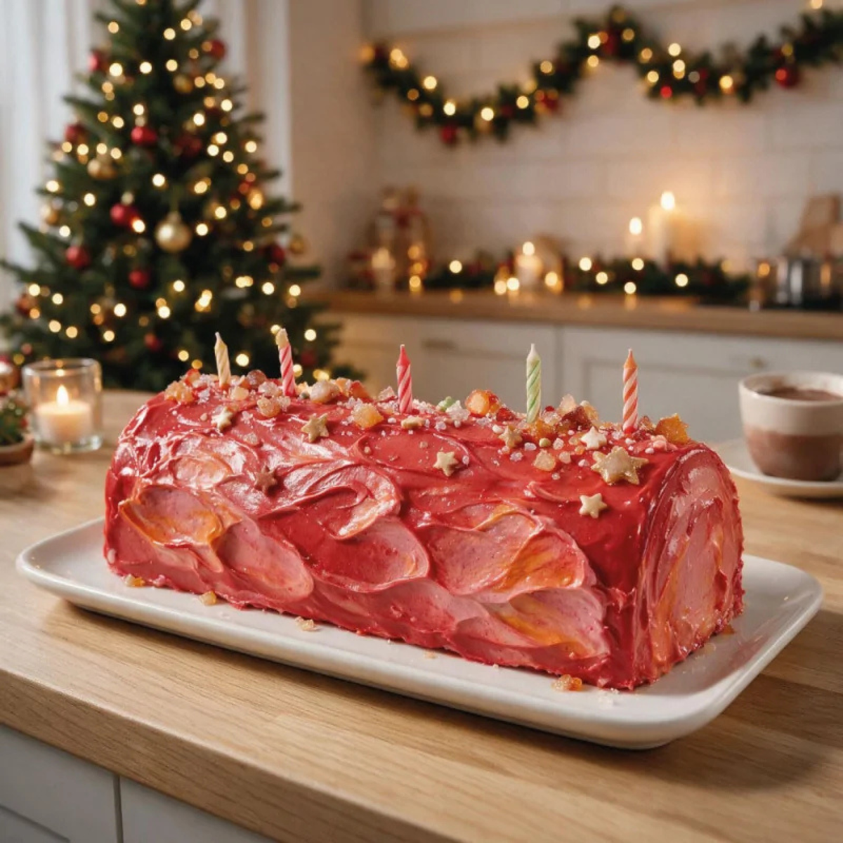 Bûche de Noël au glaçage rouge brillant, décorée de petites étoiles, de morceaux de fruits confits et de bougies colorées, dans une ambiance festive.