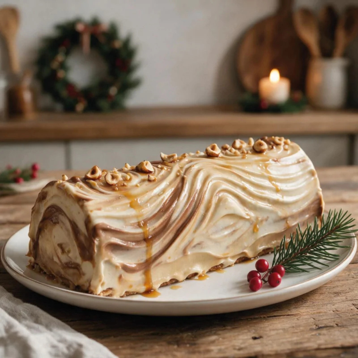 Bûche de Noël traditionnelle avec glaçage marbré blanc et caramel, décor en relief effet bois, noisettes et filet de caramel.