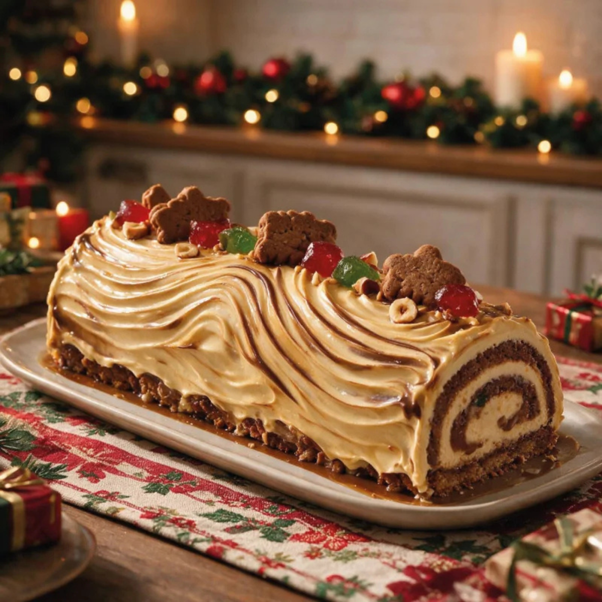 Bûche de Noël pâtissière avec crème caramel striée effet bois, biscuit roulé au chocolat, noisettes, fruits confits et biscuits décoratifs de Noël.