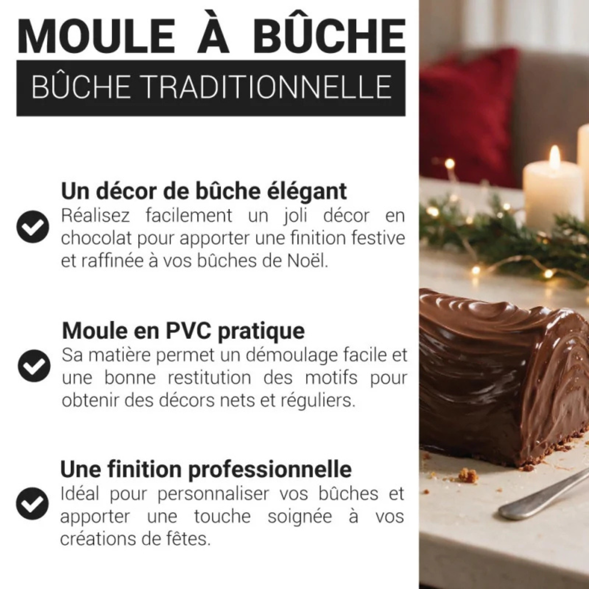 Présentation du moule à bûche traditionnelle PatisDécor en PVC, avec motif effet écorce de bois pour réaliser des bûches de Noël décorées.