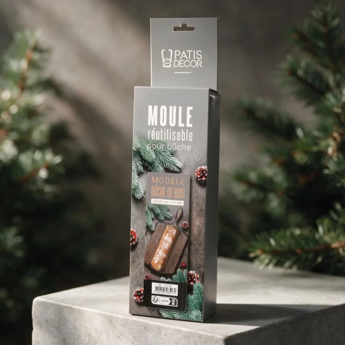 Emballage du moule à bûche de Noël traditionnelle réutilisable PatisDécor, modèle bûche de bois avec décorations festives.