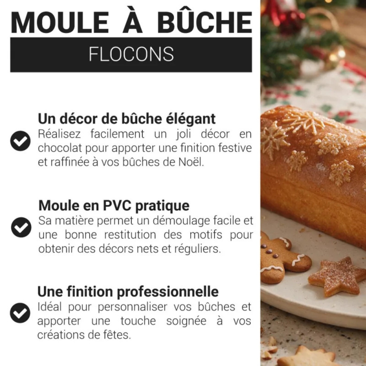 Présentation du moule à bûche Flocons PatisDécor en PVC, avec motifs de flocons de neige en relief pour réaliser des bûches de Noël décorées.