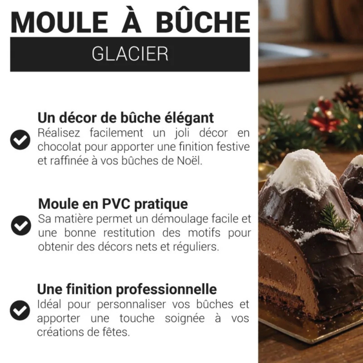 Présentation du moule à bûche Glacier en PVC transparent, permettant de réaliser une bûche de Noël aux reliefs de montagnes enneigées.