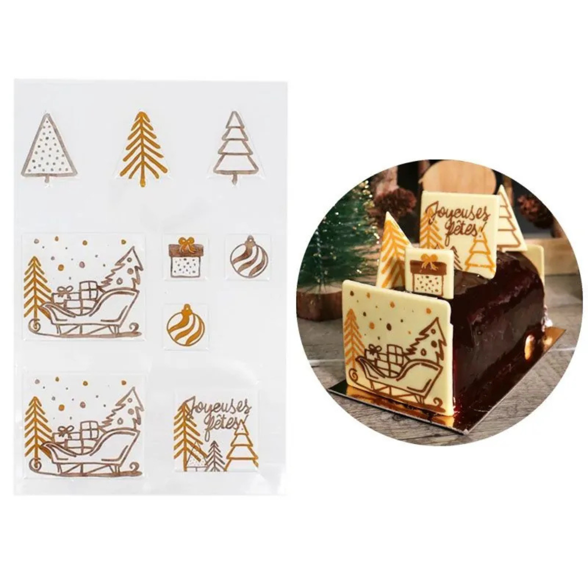 Présentation d'une feuille de transfert pour chocolat aux motifs de Noël dorés et argentés, accompagnée d'une bûche au chocolat décorée avec ces motifs festifs.