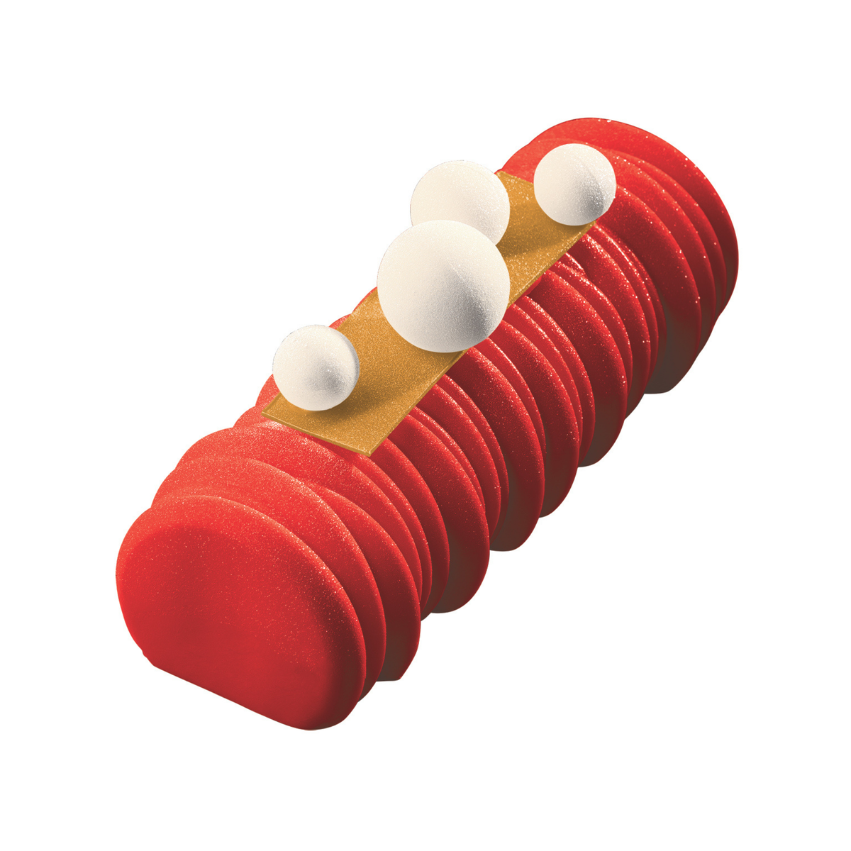 Bûche rouge effet velours avec décor strié et boules blanches