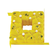Entremets carré avec centre évidé et glaçage miroir jaune
