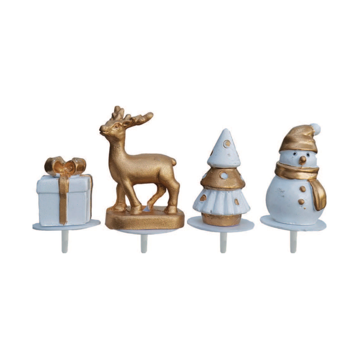 Décorations à piquer de Noël dorées et blanches avec cadeau, renne, sapin et bonhomme de neige