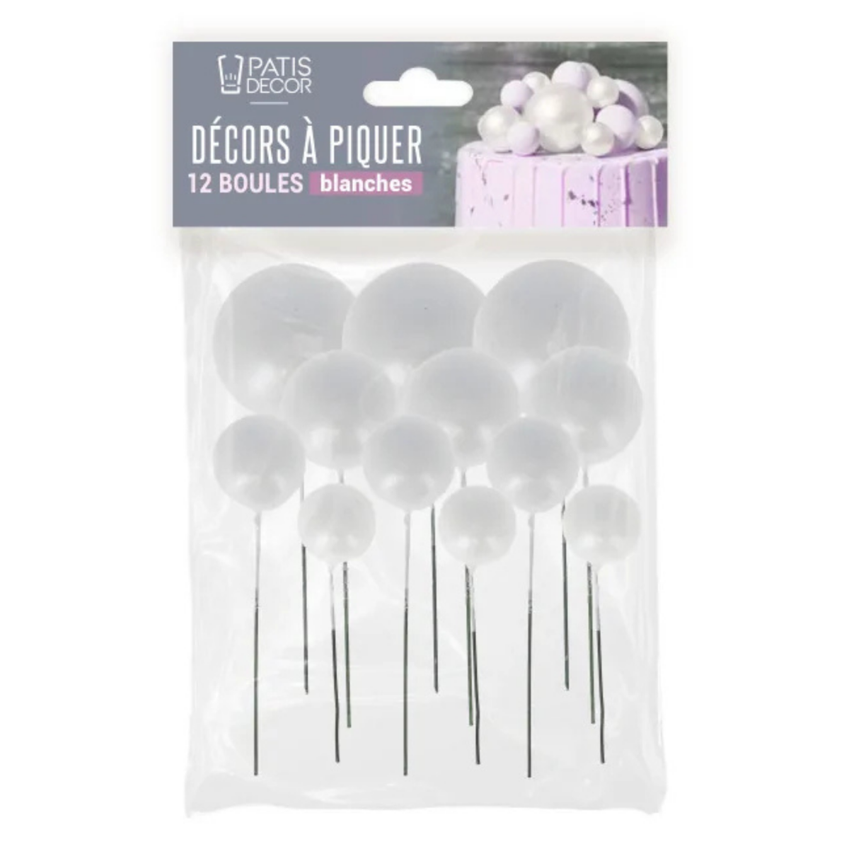 Emballage de 12 boules blanches à piquer Patisdécor pour décoration de gâteaux