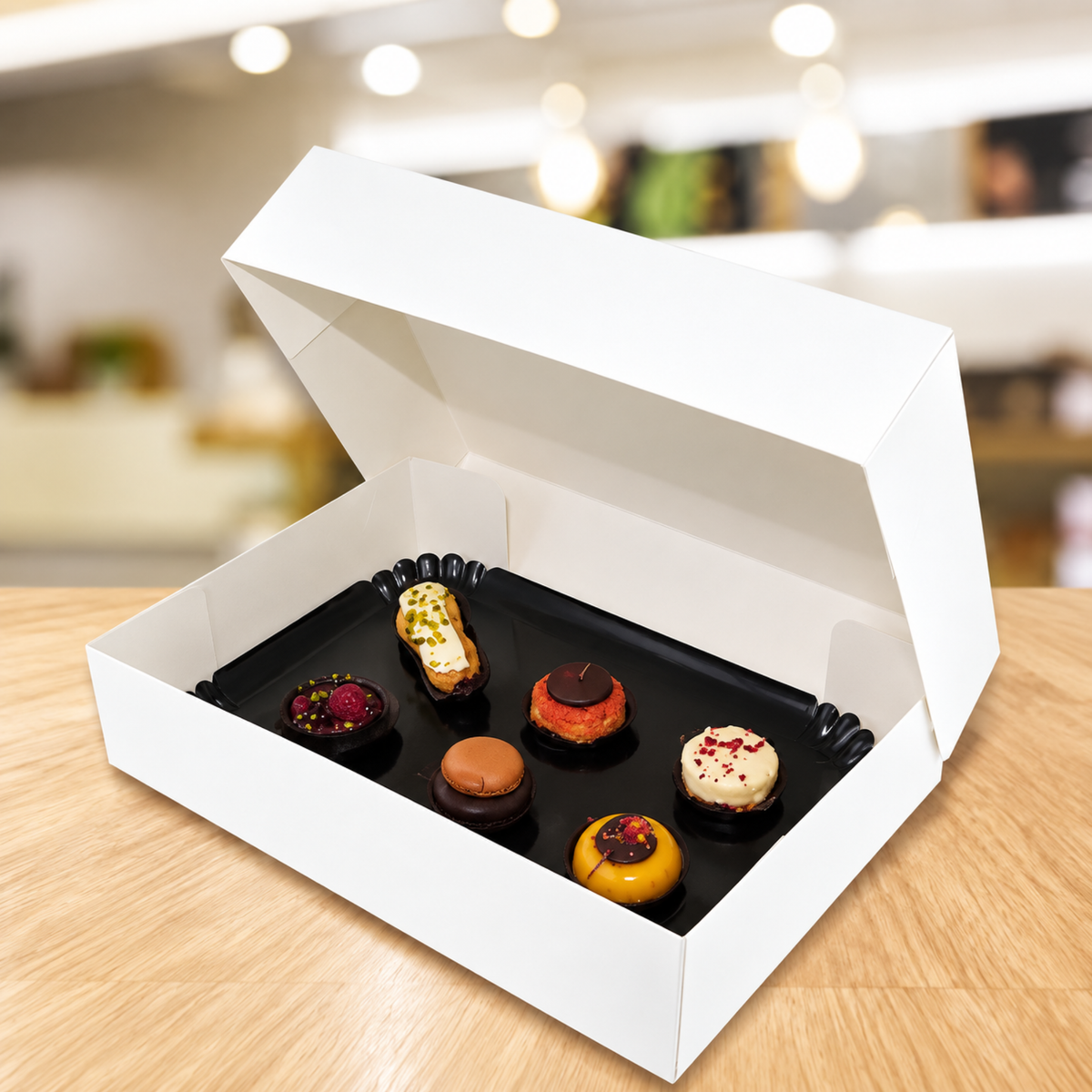 Boîte pâtissière blanche ouverte avec plateau noir et assortiment de pâtisseries individuelles pour transport et présentation

