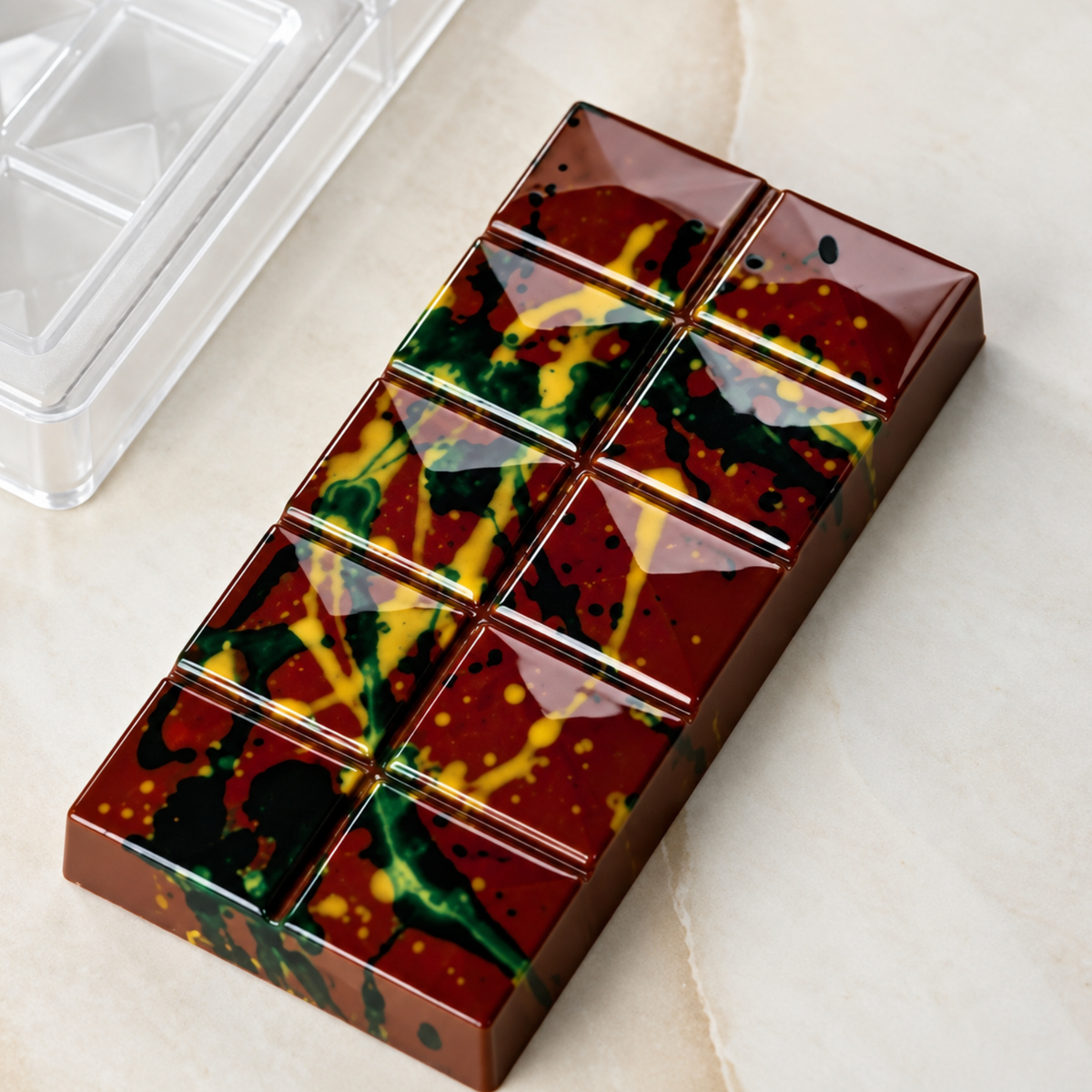 Tablette de chocolat décorée aux motifs colorés