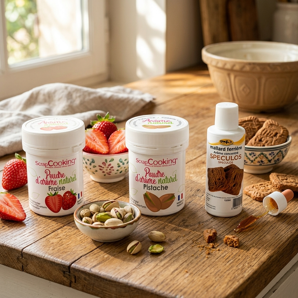 Arômes alimentaires fraise, pistache et spéculoos pour pâtisserie