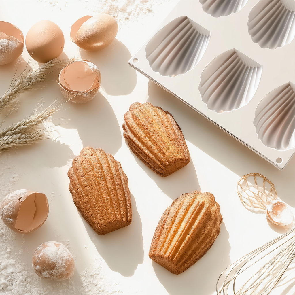 Moule à madeleines avec madeleines maison et ingrédients de pâtisserie
