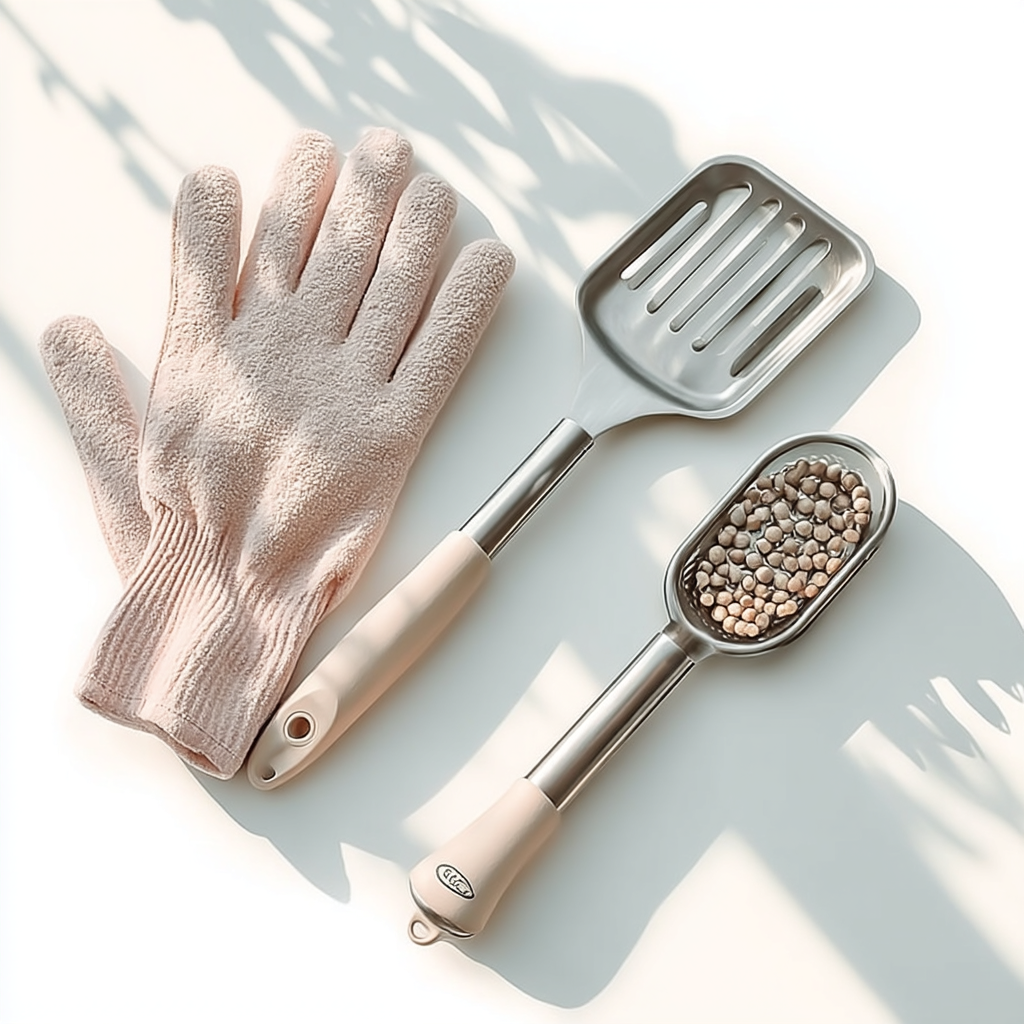 Gant de protection avec spatule et pelle de cuisine en inox