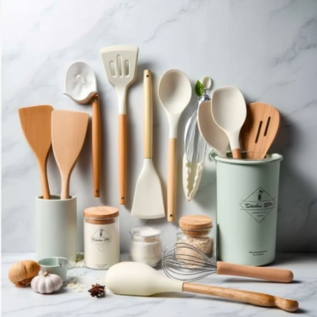 Ustensiles de cuisine en bois, silicone et inox