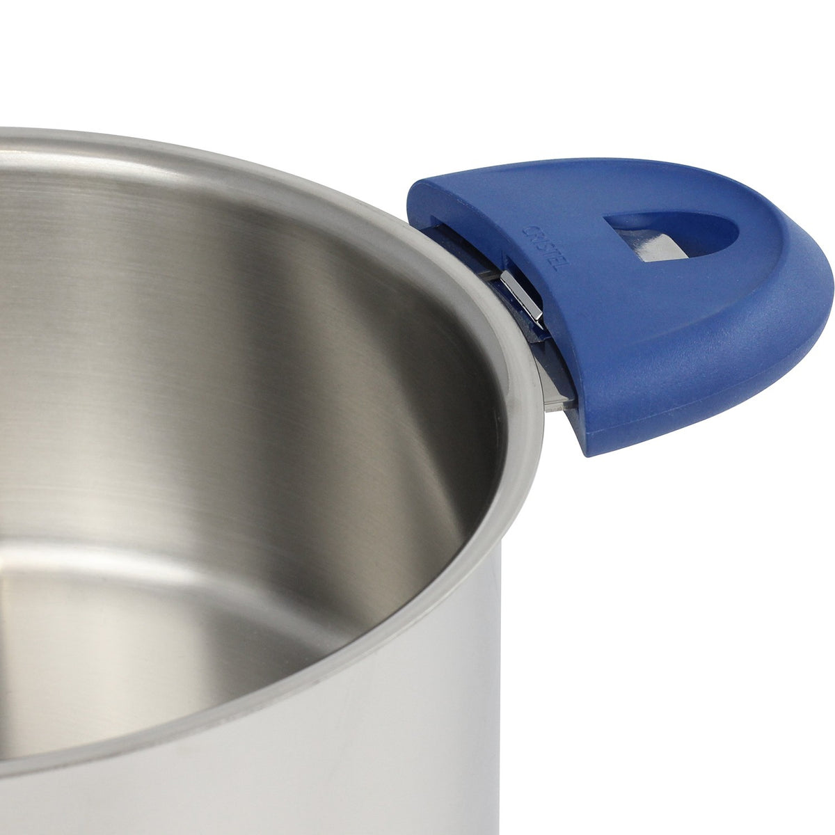 Anse amovible bleue Cristel fixée sur casserole inox